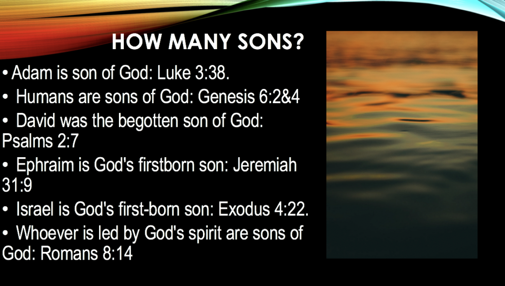 1) Adam is son of God: Luke 3:38.                                                                           2) Humans are sons of God: Genesis 6:2&4                                                           3) David was the begotten son of God: Psalms 2:7                                             4) Ephraim is God's firstborn son: Jeremiah 31:9                                              5) Israel is God's first born son: Exodus 4:22.                                                      6) Whoever is led by God's spirit are sons of God: Romans 8:14 slide 41