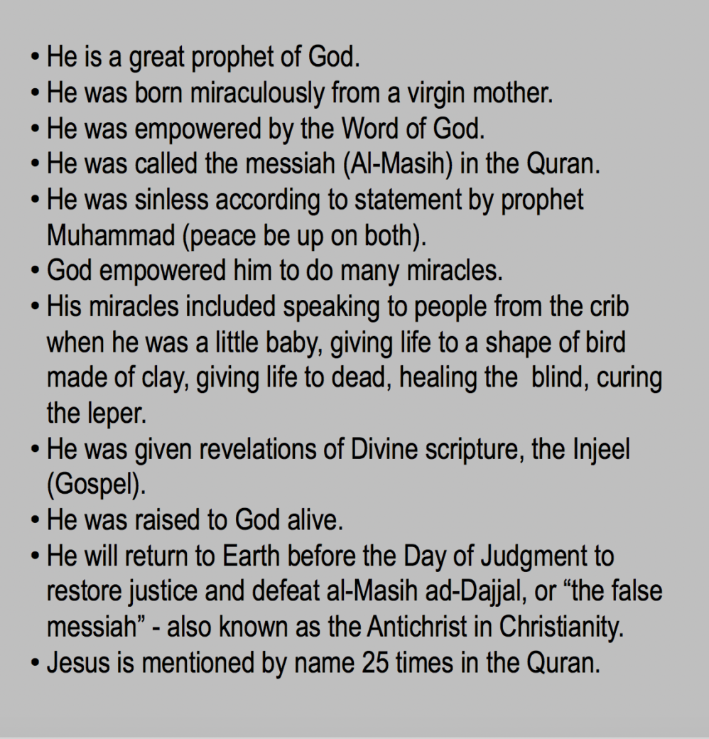 He is a great prophet of God.
He was born miraculously from a virgin mother.
He was empowered by the Word of God.
He was called the messiah (Al-Masih) in the Quran.
He was sinless according to statement by prophet Muhammad (peace be up on both).
God empowered him to do many miracles.
His miracles included speaking to people from the crib when he was a little baby, giving life to a shape of bird made of clay, giving life to dead, healing the  blind, curing the leper. https://qpeace.net
